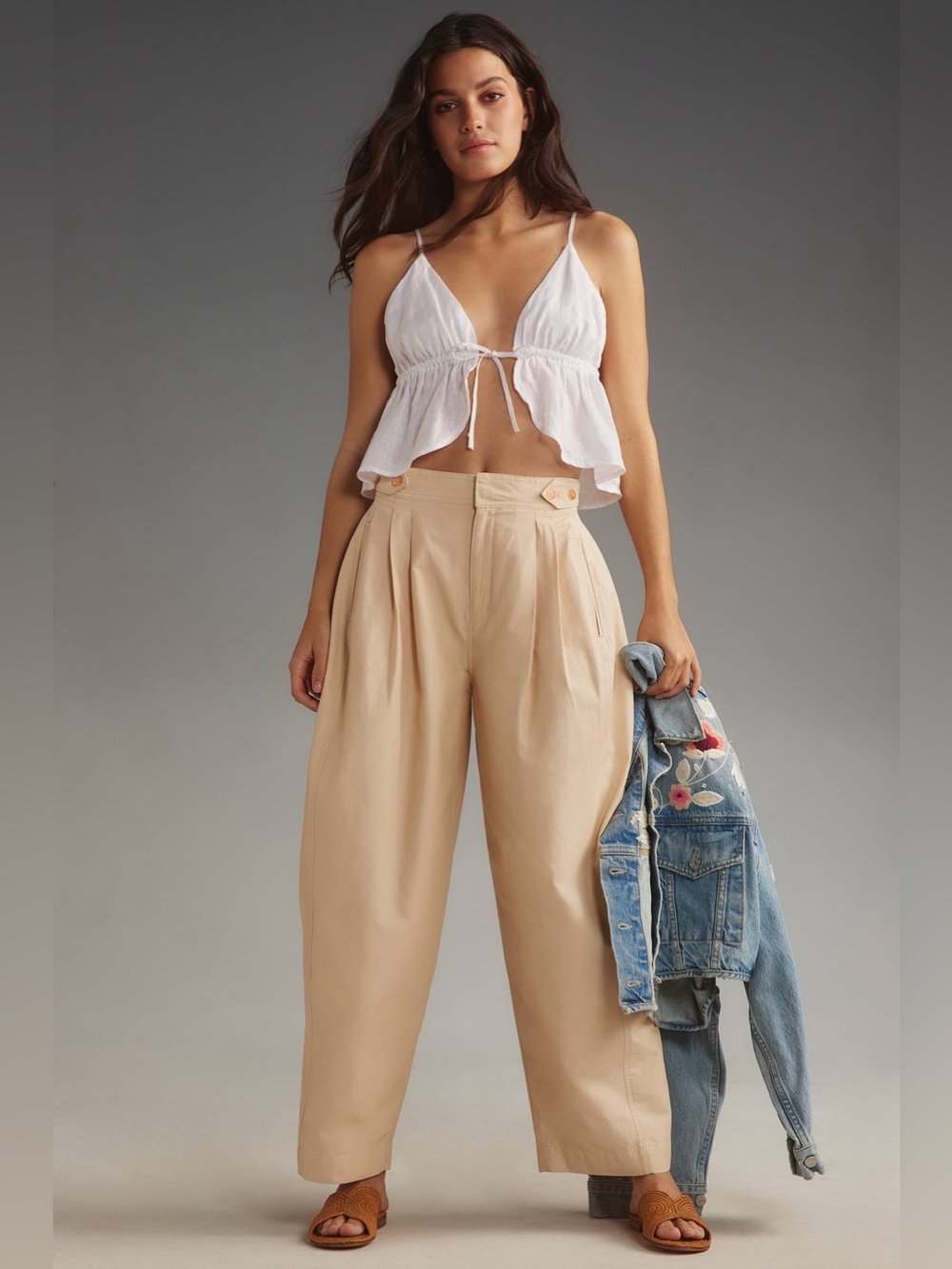 Maeve Beige High-Waist Pleated Utility Barrel Trouser Pants size 2